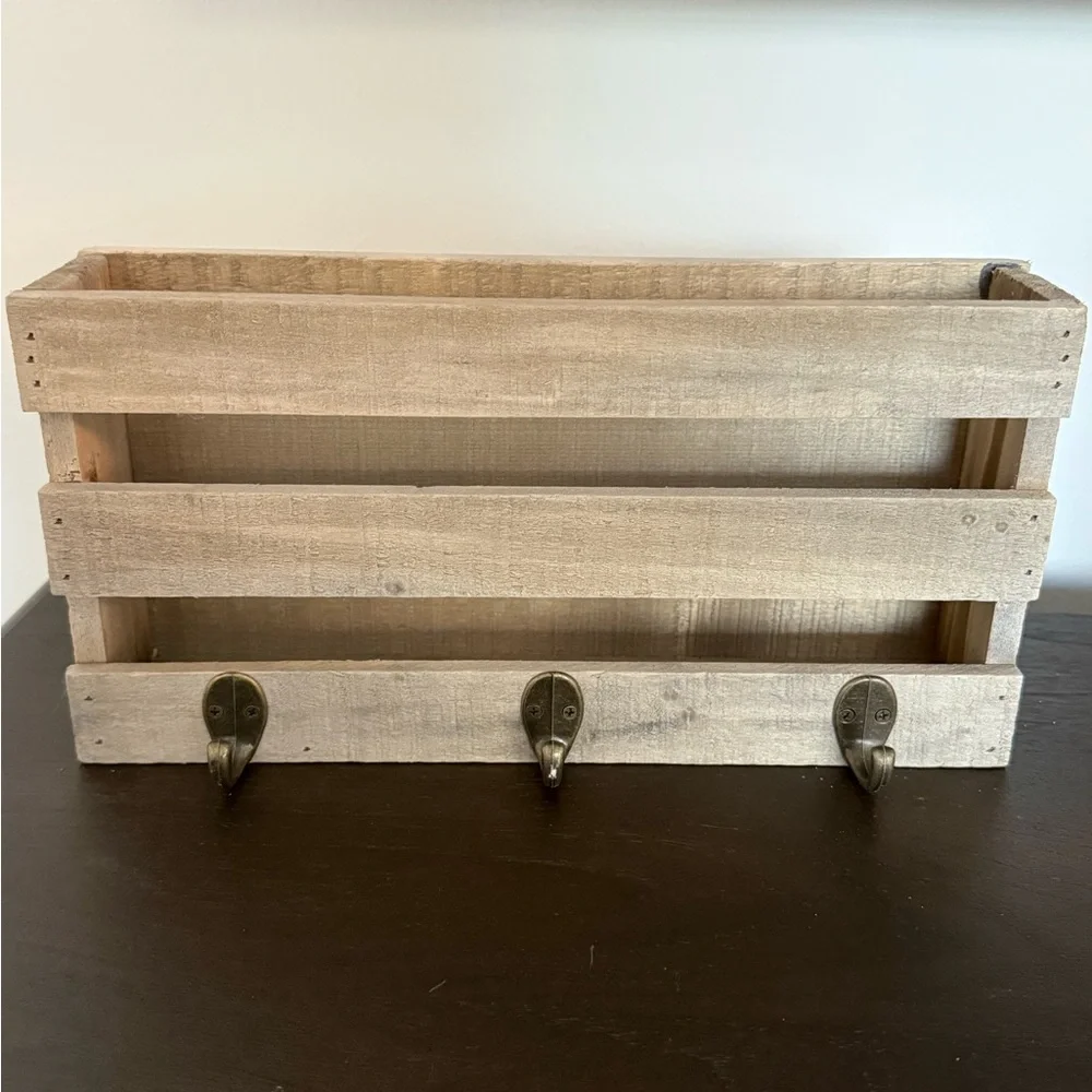 Rustic Wooden Wall Organizer Mail Slot & Key Hooks Light Natural Wood.